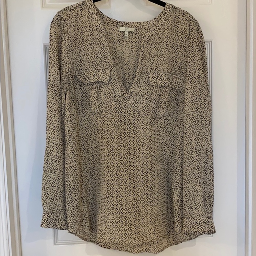 Joie Tan and Black Silk Patterned Blouse